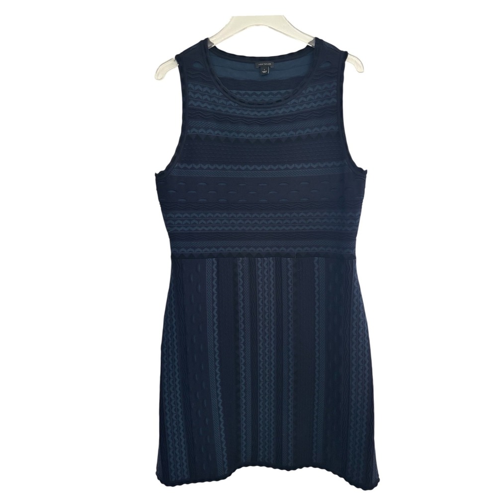 Ann Taylor Navy Blue Textured Jacquard Knit Sleeveless Sheath Dress Large L B1